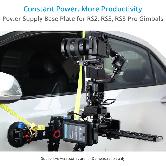 Power your gimbal for long shooting hours with Power Supply Base Plate; Mounts to tripods, jibs, sliders, car mounts, etc.; Side bracket for extra security. 