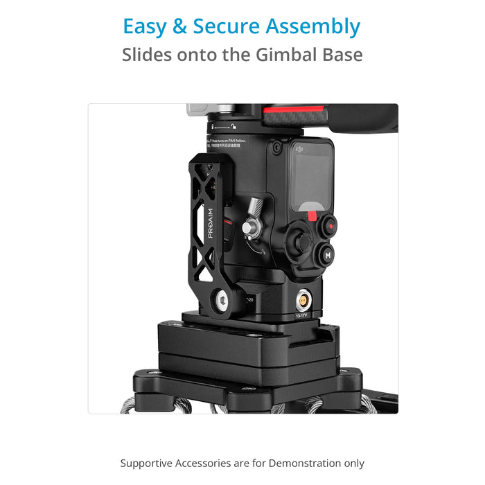 Power your gimbal for long shooting hours with Power Supply Base Plate; Mounts to tripods, jibs, sliders, car mounts, etc.; Side bracket for extra security. 