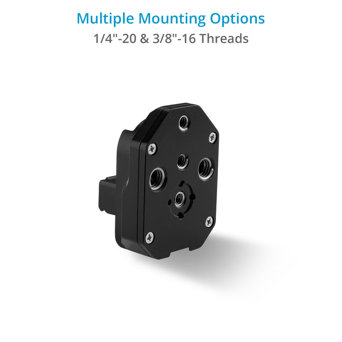 Power your gimbal for long shooting hours with Power Supply Base Plate; Mounts to tripods, jibs, sliders, car mounts, etc.; Side bracket for extra security. 