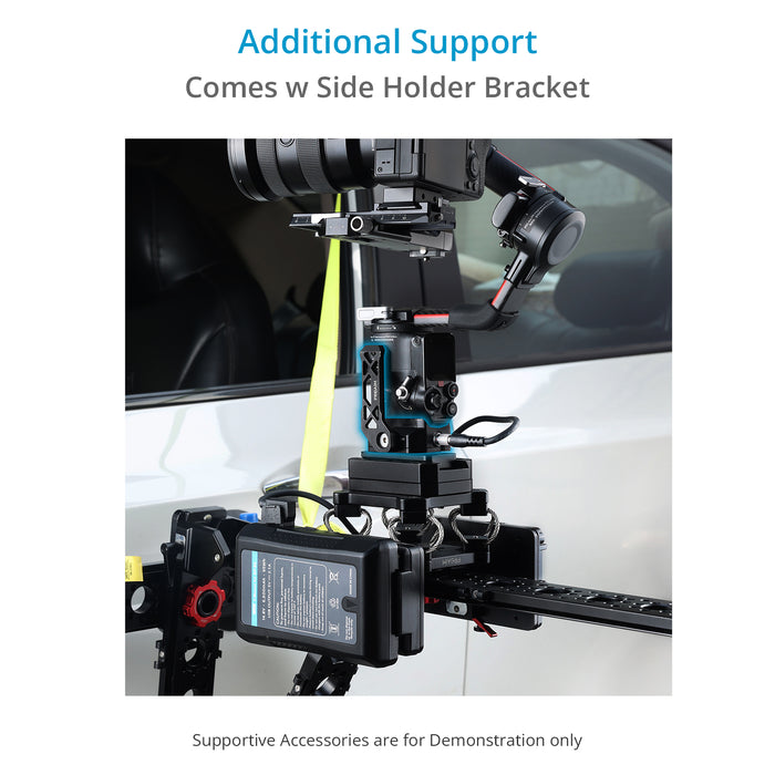 Power your gimbal for long shooting hours with Power Supply Base Plate; Mounts to tripods, jibs, sliders, car mounts, etc.; Side bracket for extra security. 